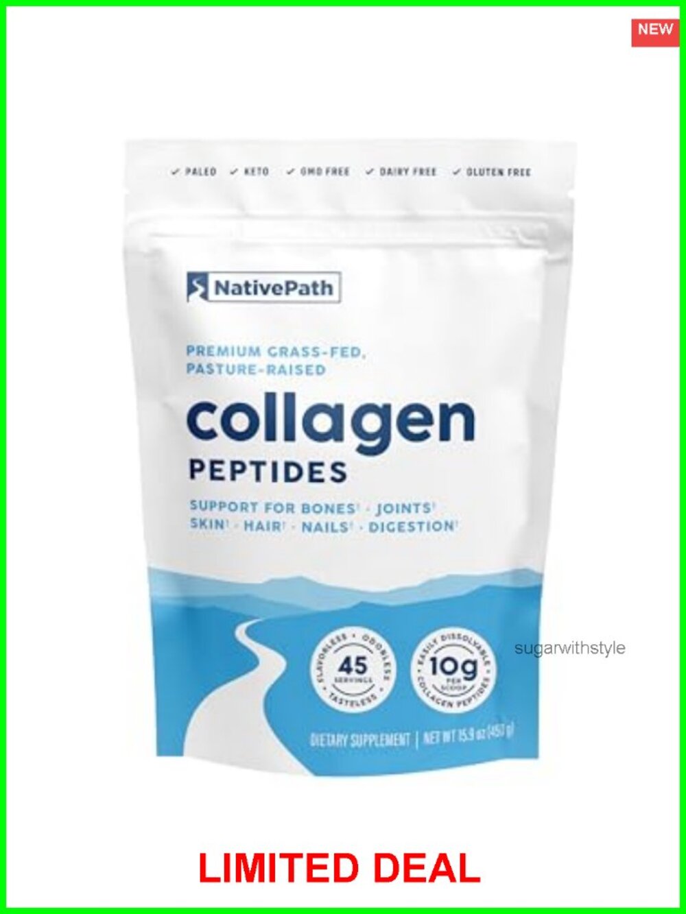 Collagen Peptides Powder Grass-Fed Type 1 & 3 Hydrolyzed 45 Servings